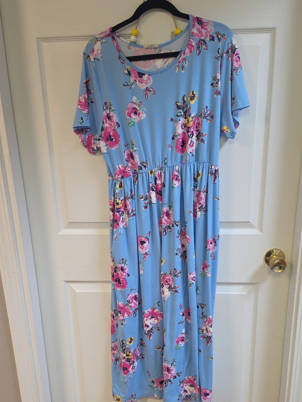 Floral Blue Midi Dress with Pink Rose Print